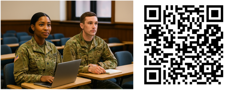 Two soldiers in a classroom. 